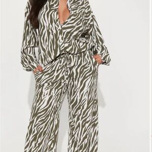 Fashion Nova Olive and White Zebra Print Pantsuit